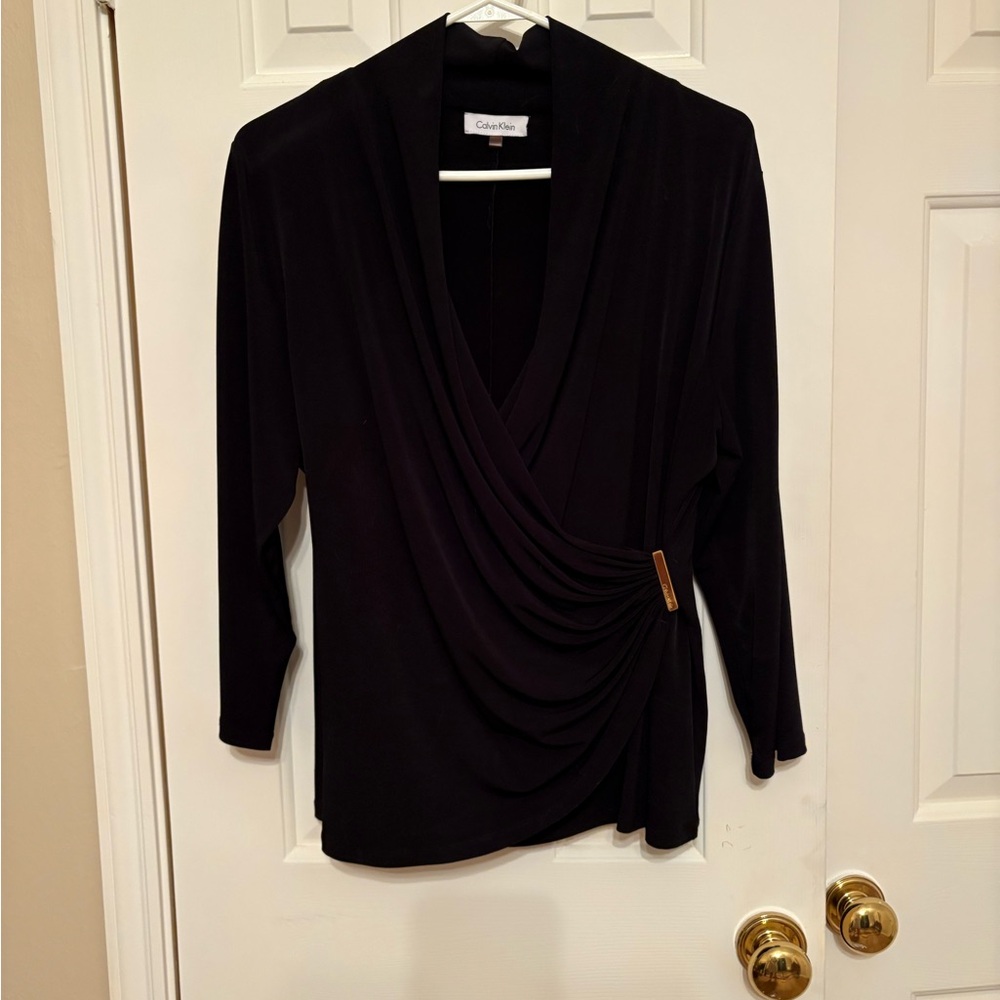 Calvin Klein Black Faux Wrap Top, size Large